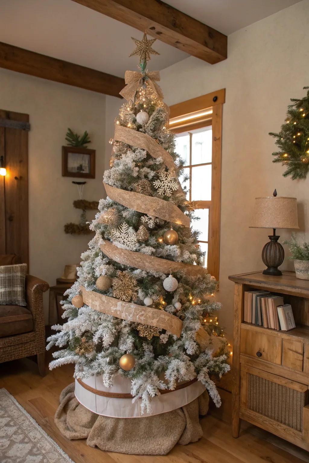 A rustic-inspired flocked Christmas tree with jute and timber elements.