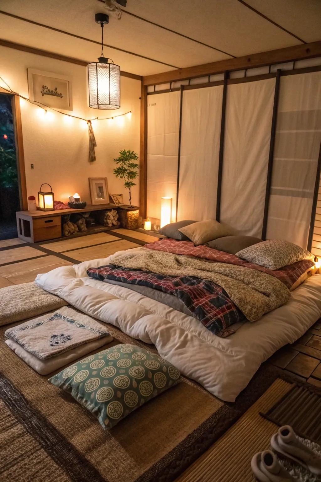 Textiles layered strategically bring warmth and comfort to a minimalist floor bed.