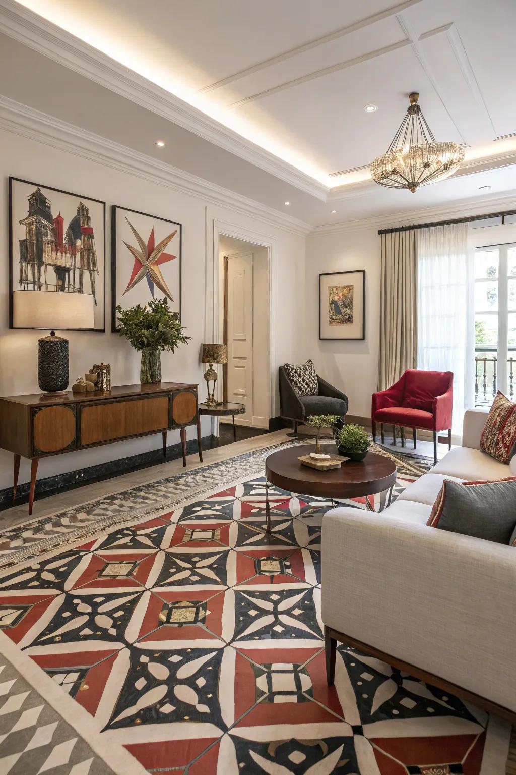Geometric patterns introduce a vibrant flair to floor design.