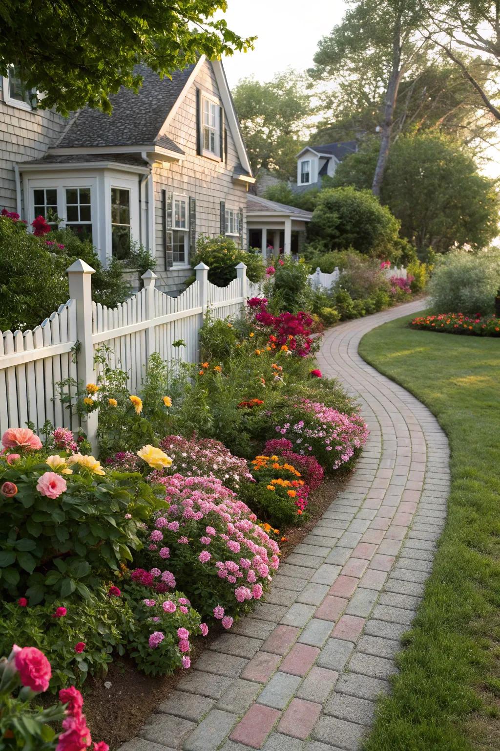 An enchanting garden path bordered by vibrant flowers, crafting a dreamy, wandering flow.