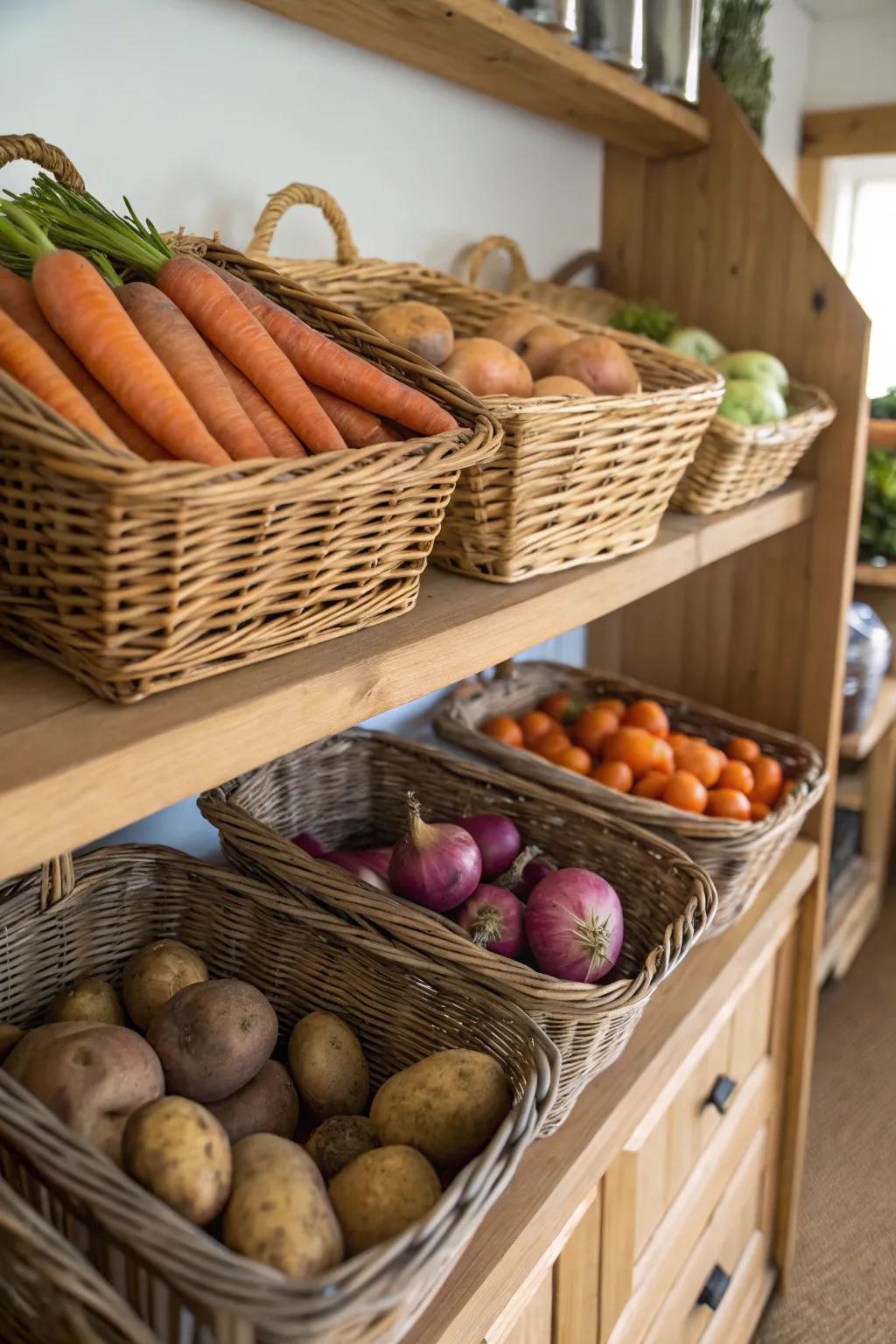 Woven baskets bring a warm and practical element to kitchen storage.