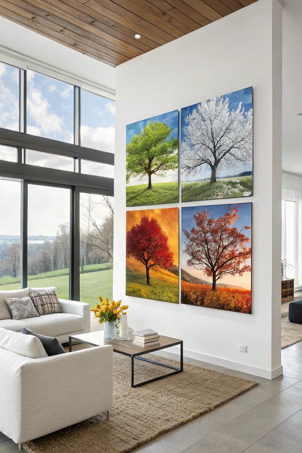 A four-part painting, each division brimming with the lively shades of a season.