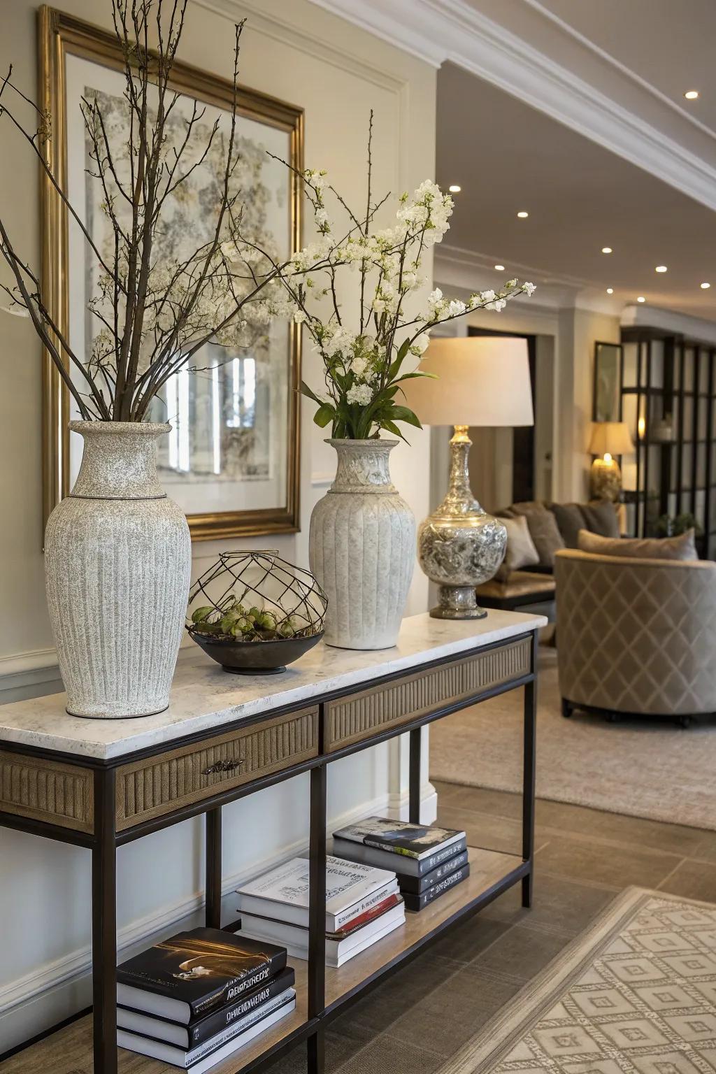 Surface tables perfectly blend aesthetics with practicality in an entryway.