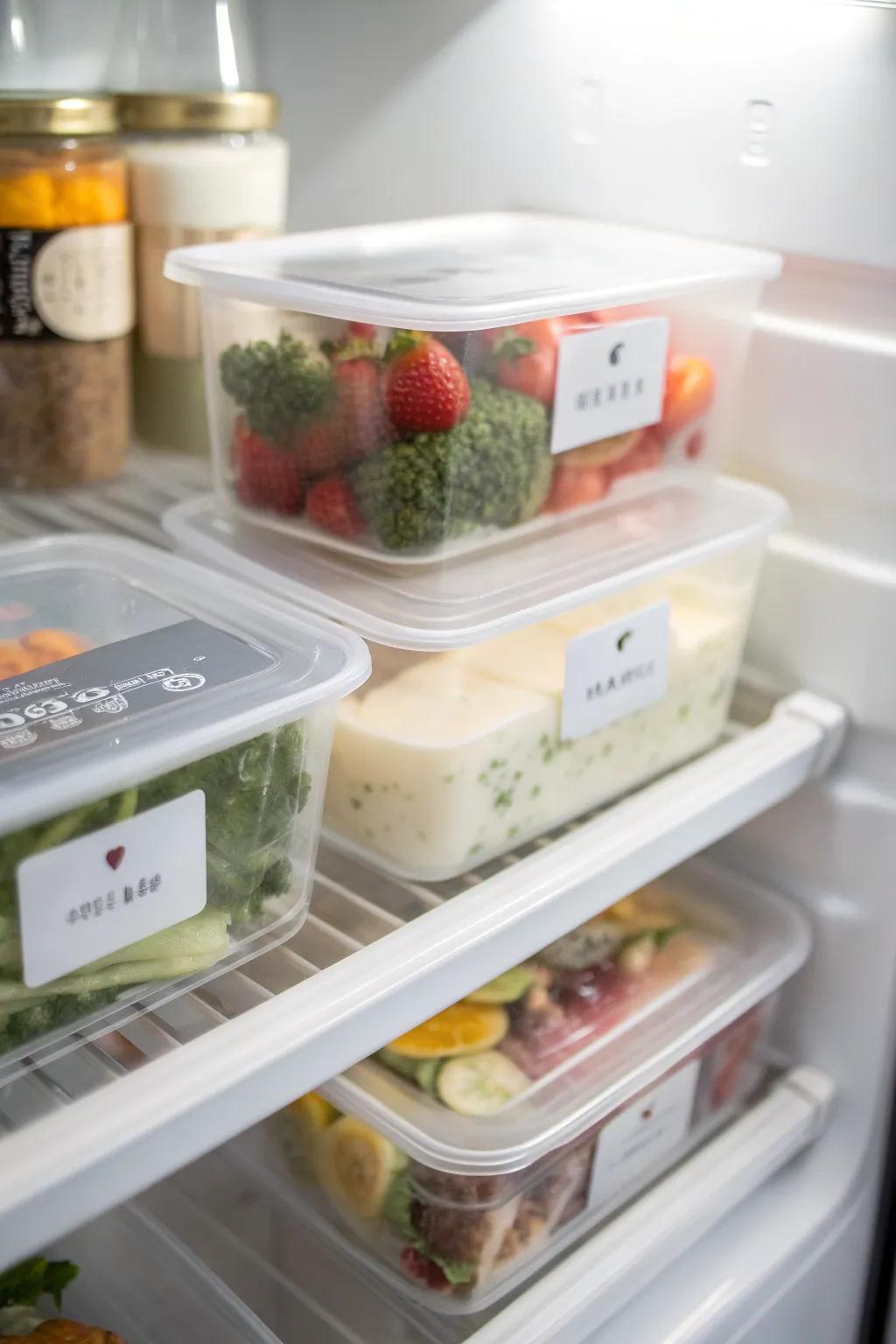Clearly labeled containers promoting an organized and efficient fridge.
