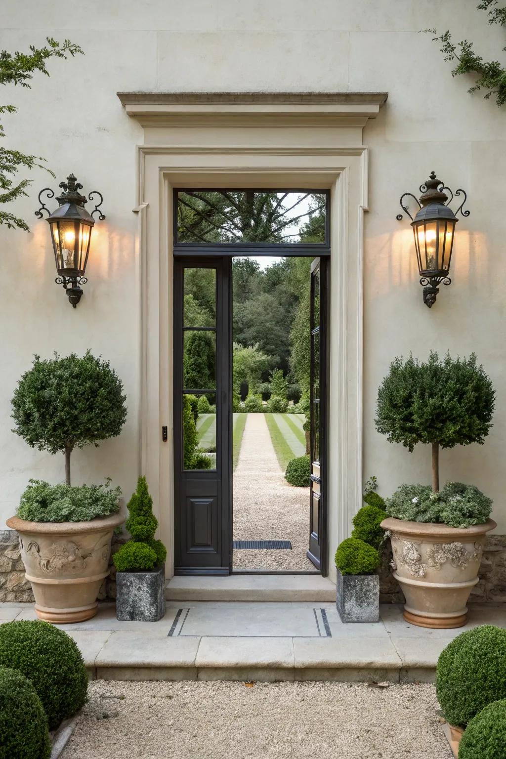 Elegance is achieved through symmetry at any entryway.