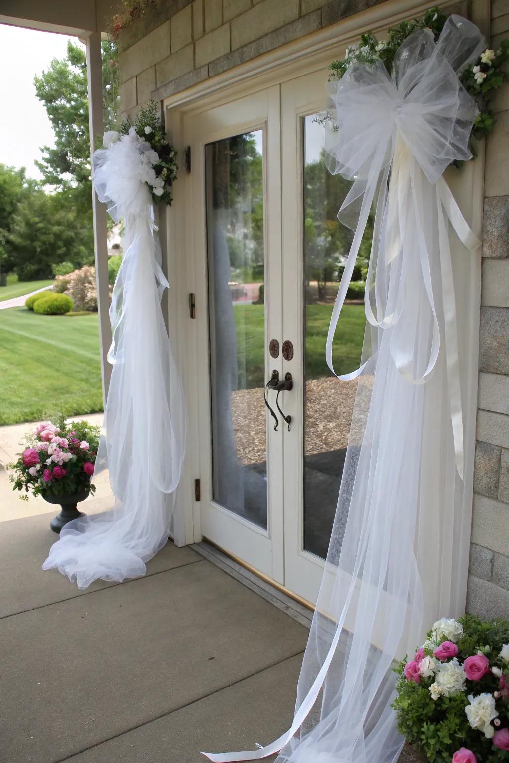 Silken fabric and strips fashion a gentle, elegant entry for your marital day.