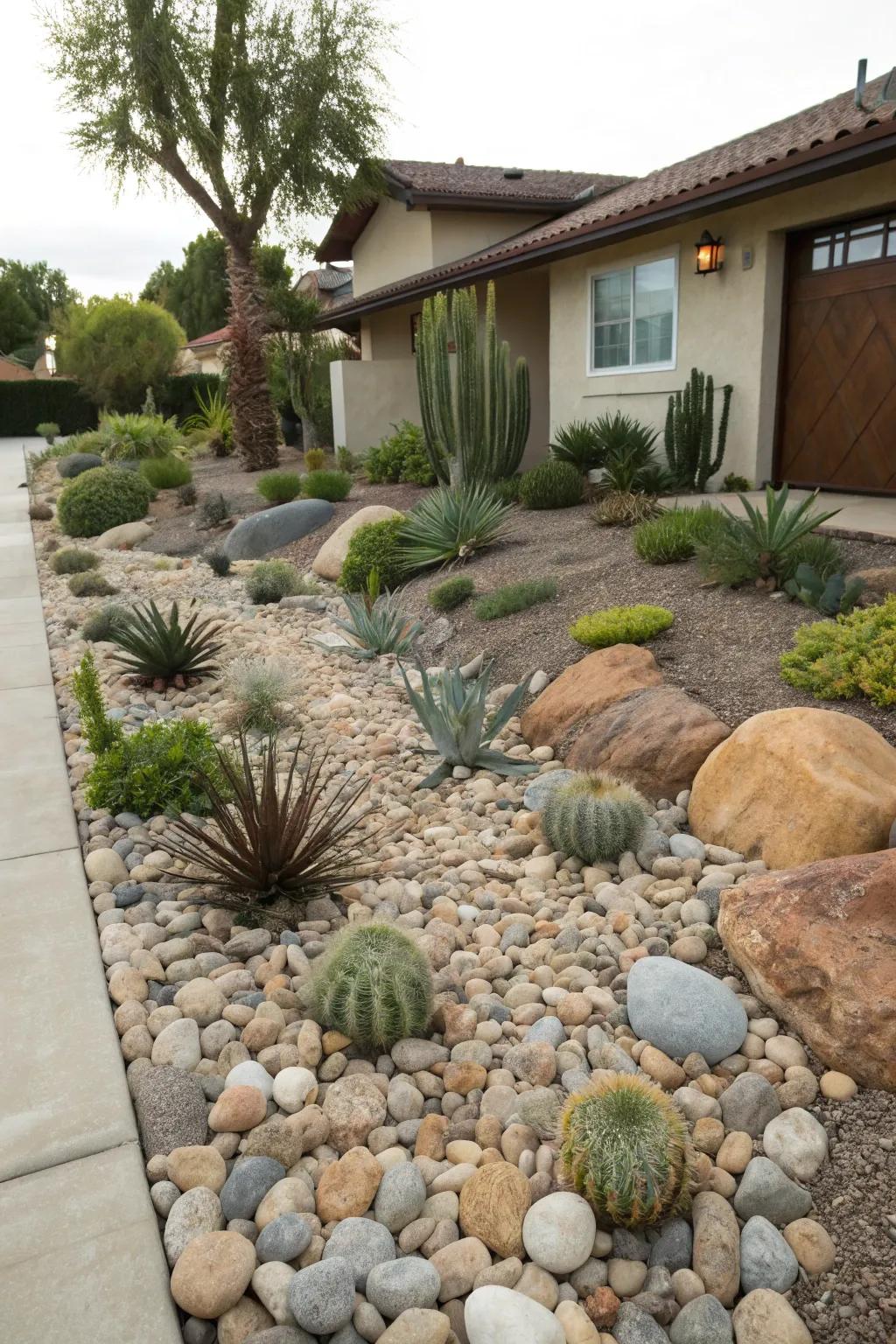 A front yard devoid of grass, adorned with river stones, embodies both environmental consciousness and grace.