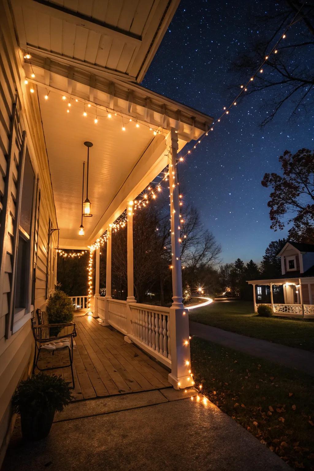 Creating a warm welcome with string lights.
