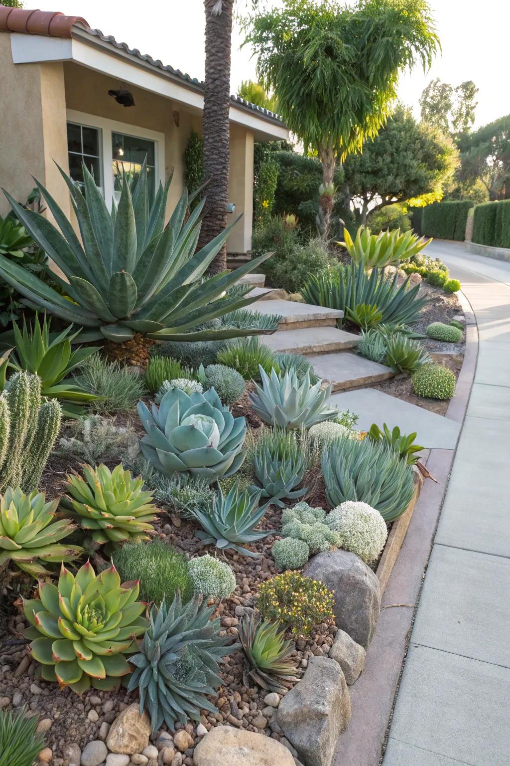 Succulents enrich the space with texture.