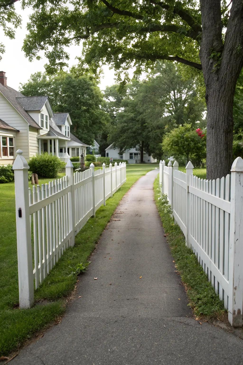 A classic white picket boundary adds timeless charm to this inviting front yard.