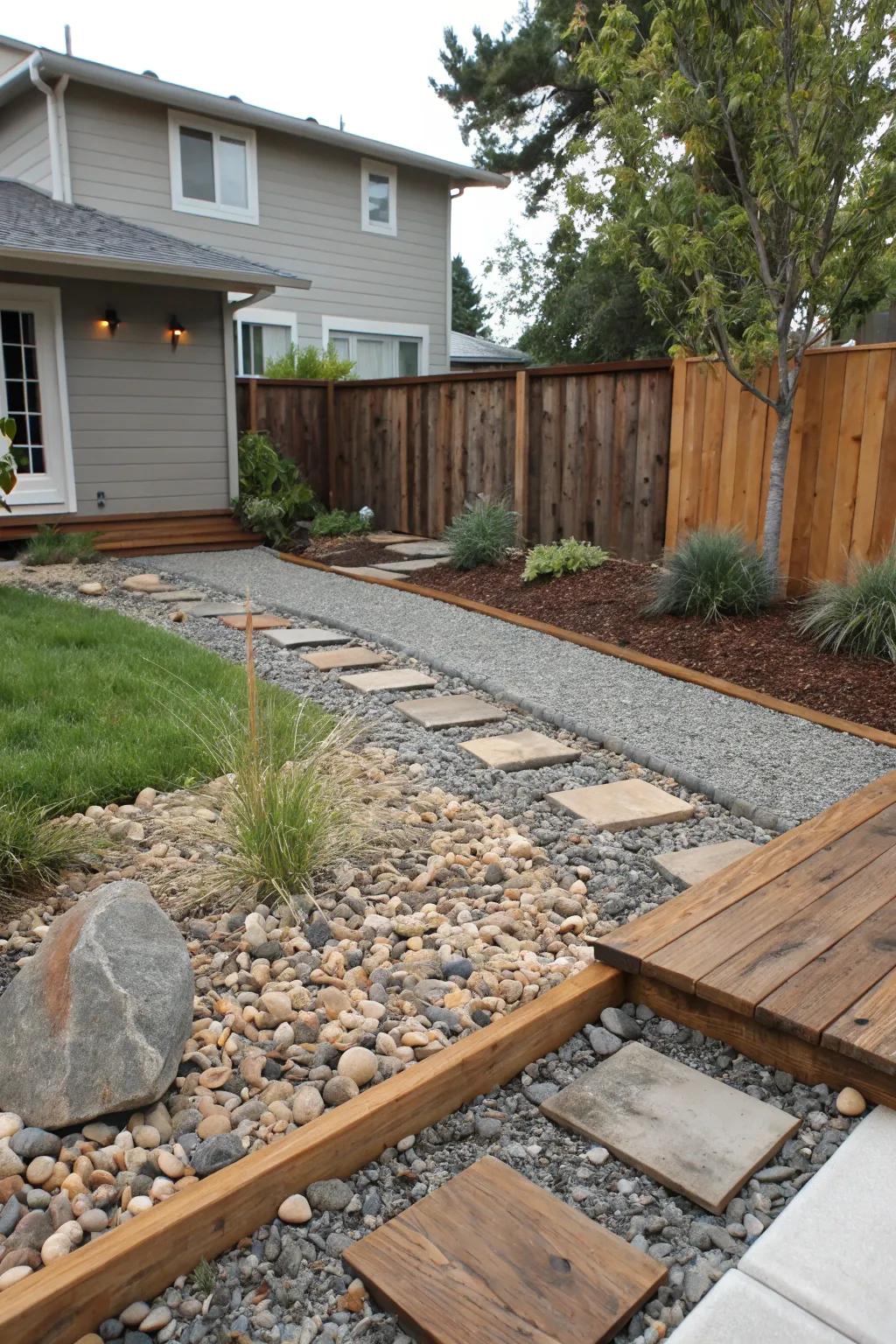 Assorted gravel feels and timber elements present a notable contrast.