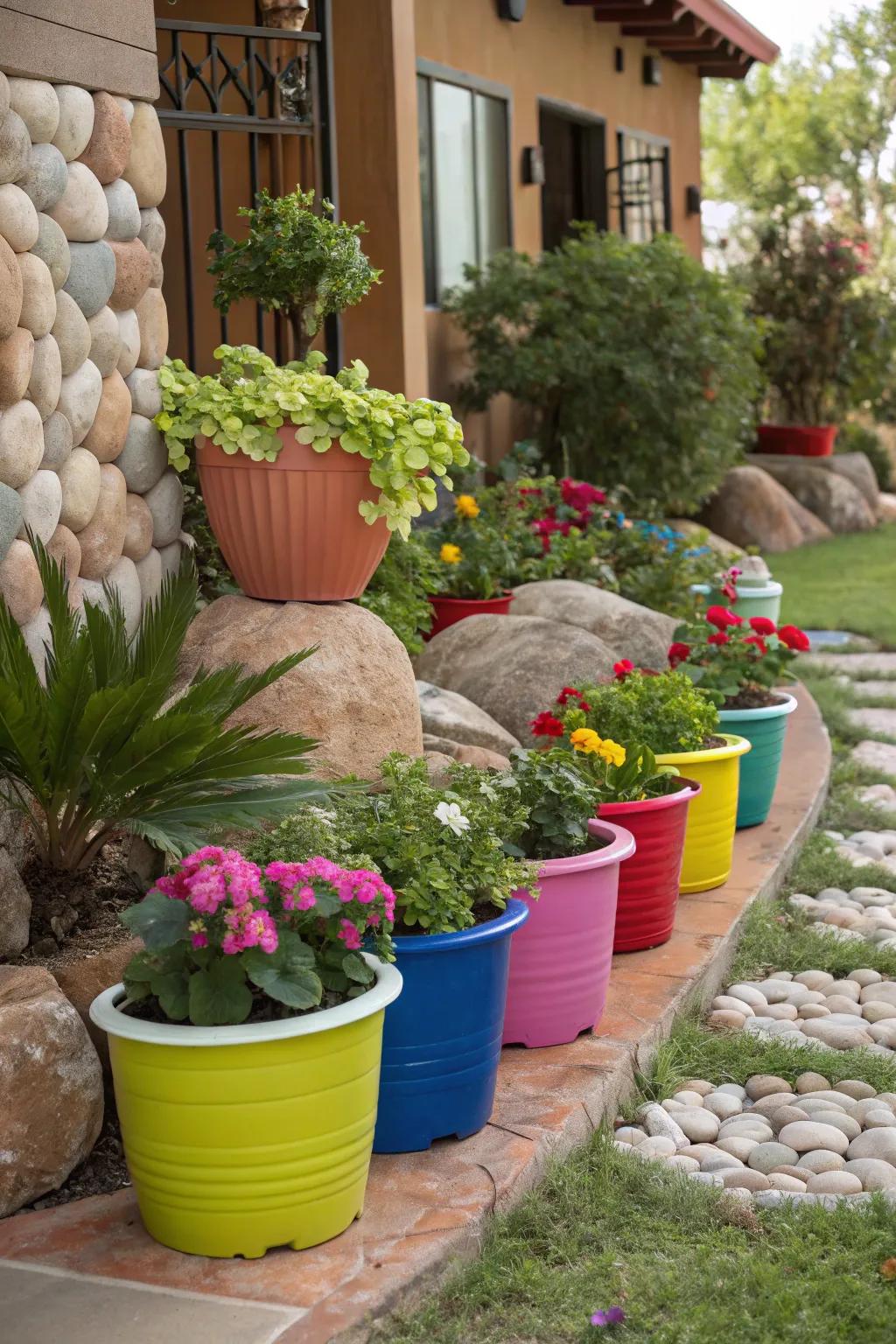 Vibrant potted plants add life to a rock-based yard.
