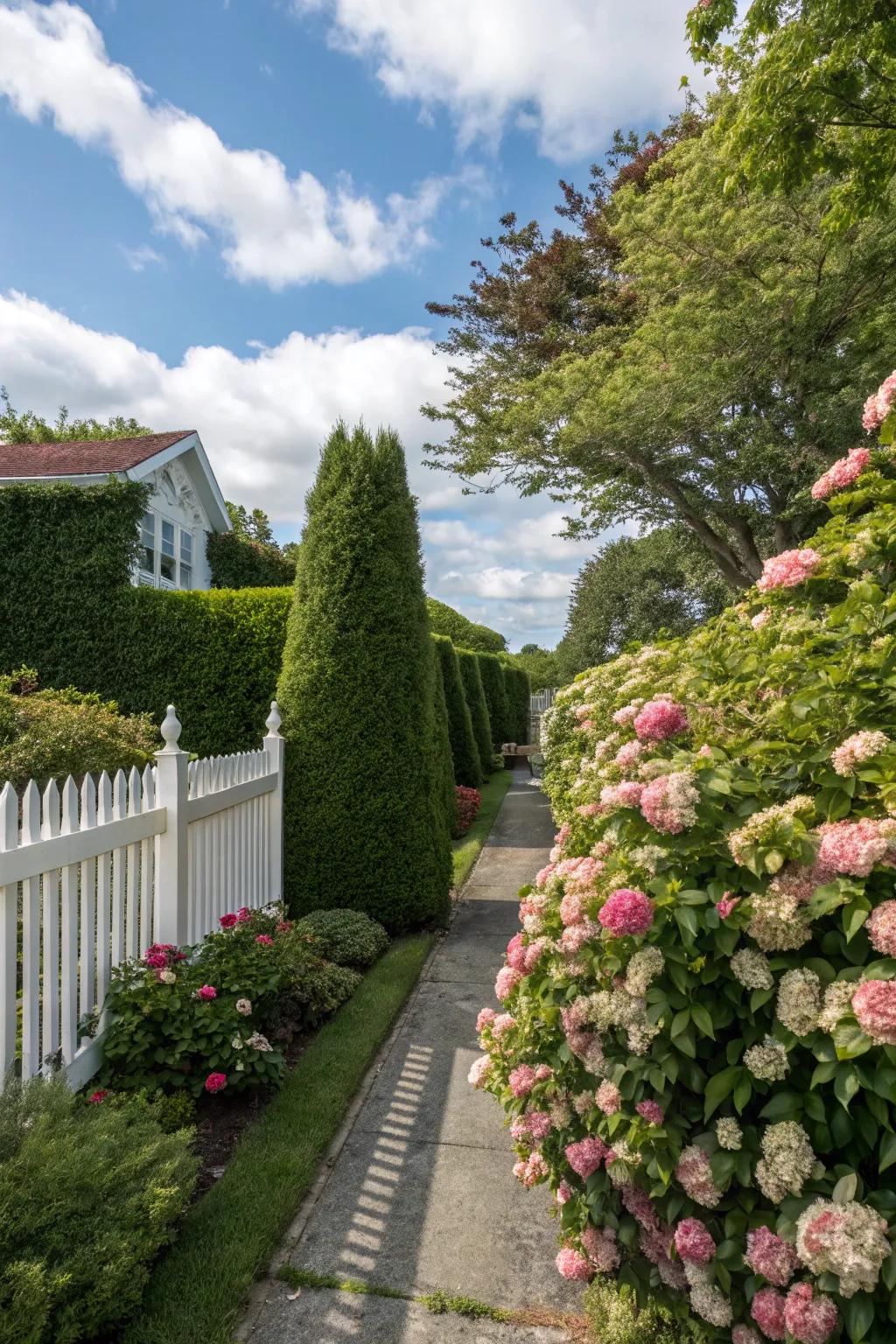Hedges and shrubs create natural privacy screens that blend with the landscape.
