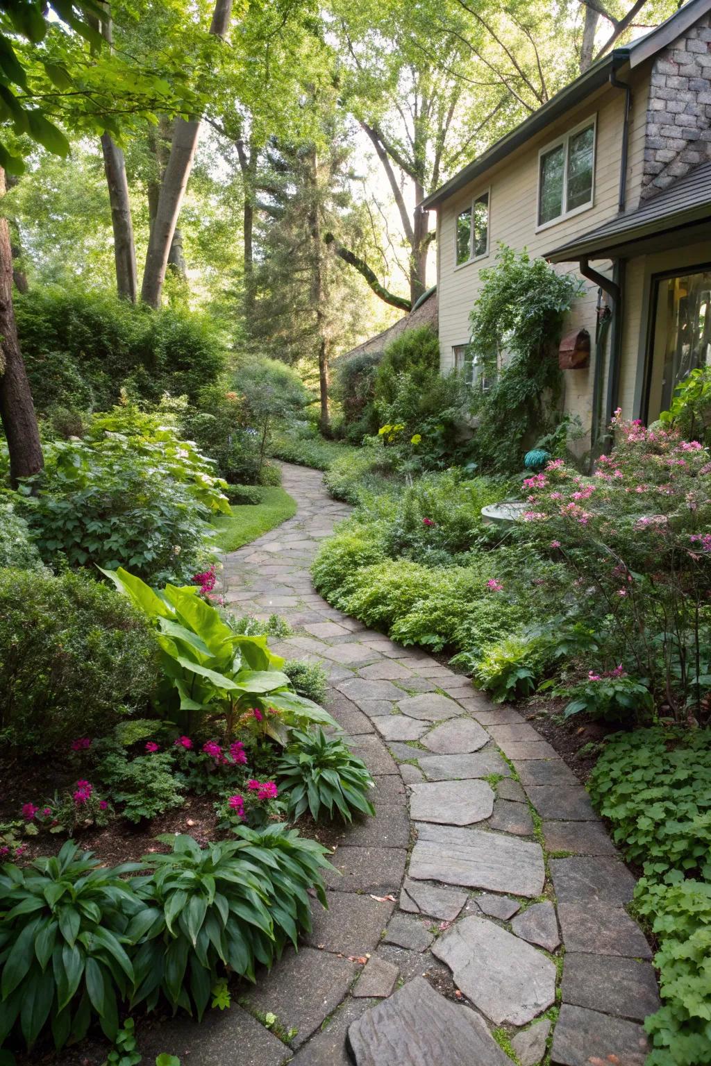 A stone pathway introduces structure and guides through the landscape.