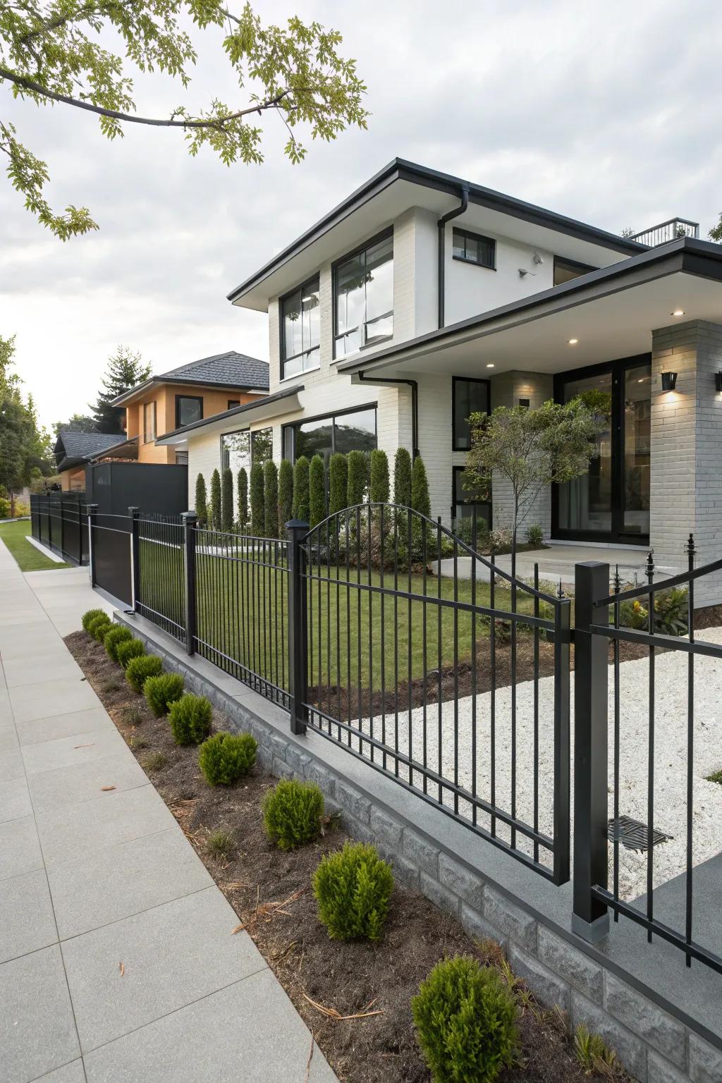 A minimalist metal artistry barrier featuring unadorned lines encircling a contemporary residence.