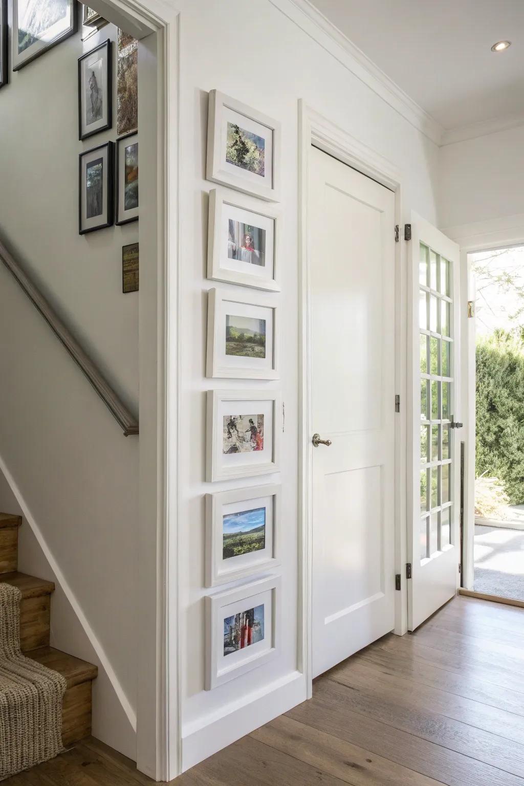 A vertical gallery setup, perfectly suited for enhancing narrow spaces.