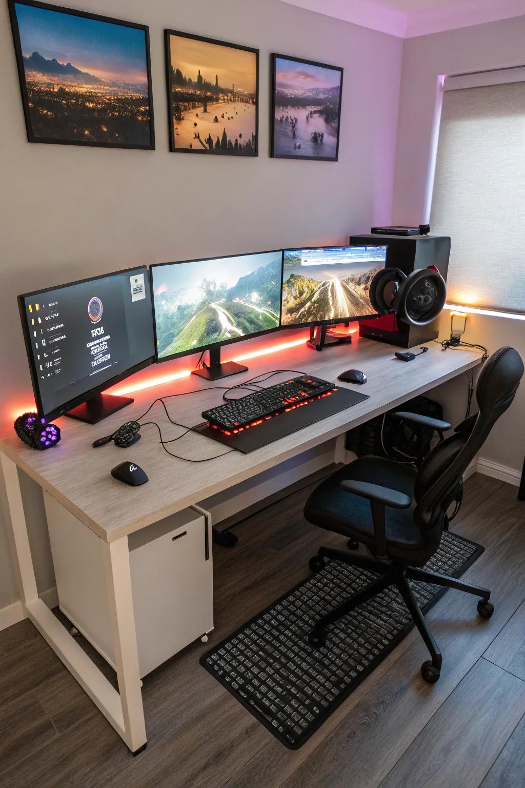 Multiple screens offer a broad view for dedicated gaming enthusiasts.