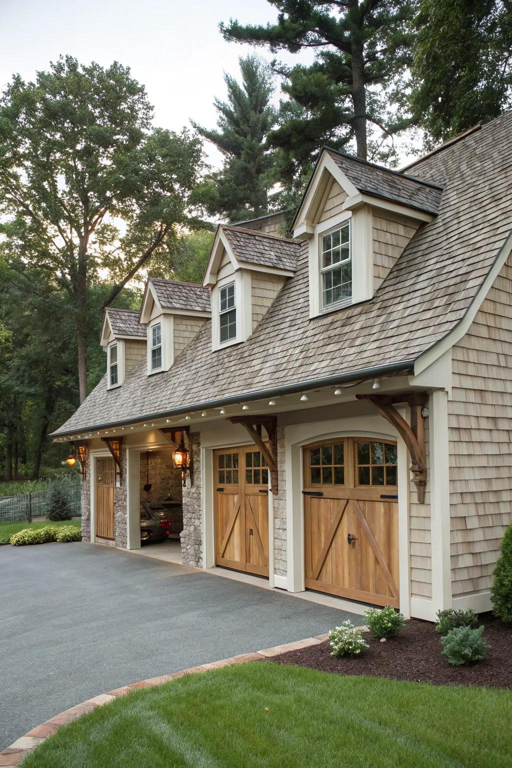 A classic garage enhanced with delightful windowed roof extensions.