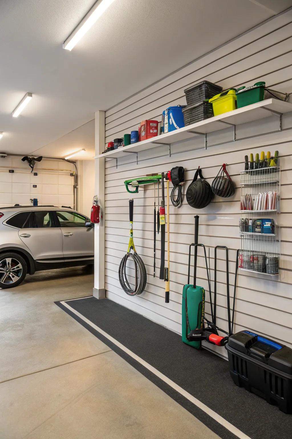 Wall-mounted storage keeps your tools handy.