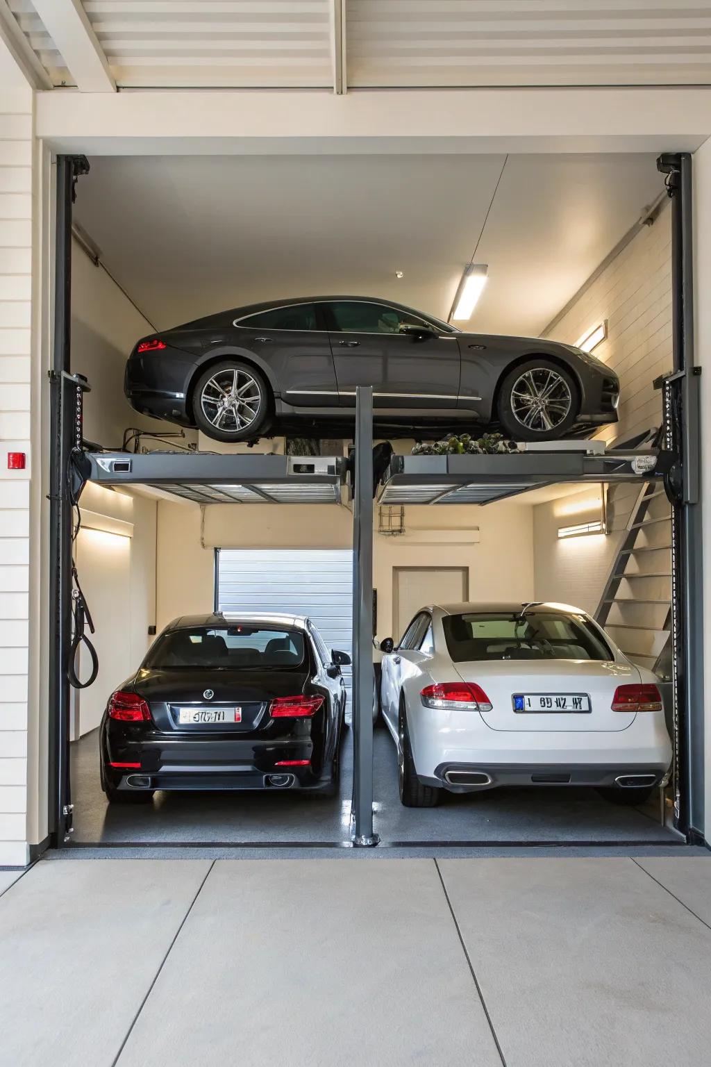 A quad-column hoist allows for vertical car arrangement, optimizing garage space.