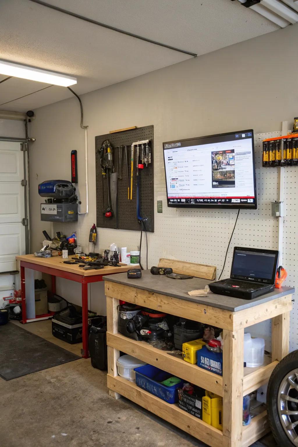 Merge work and leisure in your garage with a TV in your workshop area.
