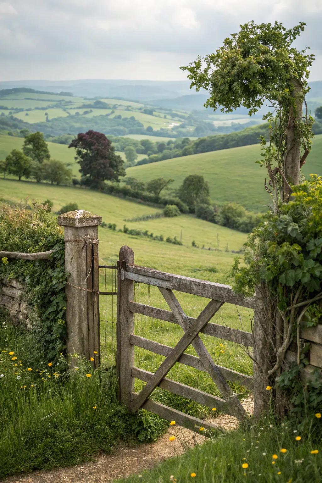 Ageless crossbuck gate bestows an enduring magnetism to your garden.