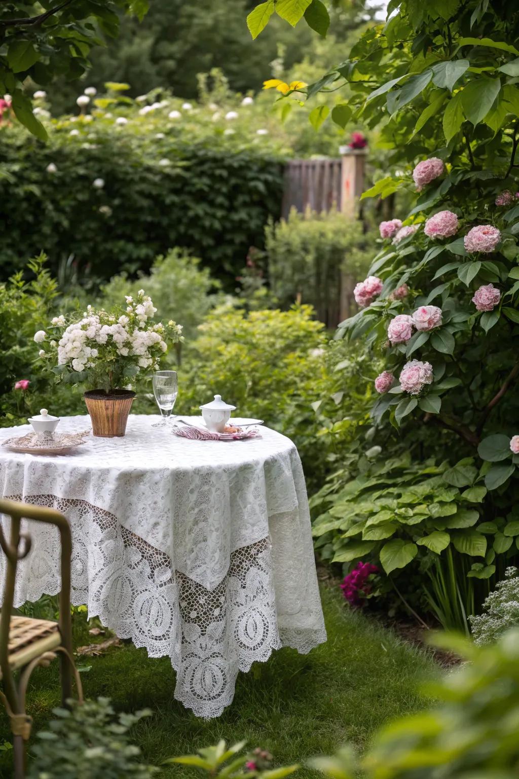 Lace tablecloths cultivate a romantic and elegant ambiance.