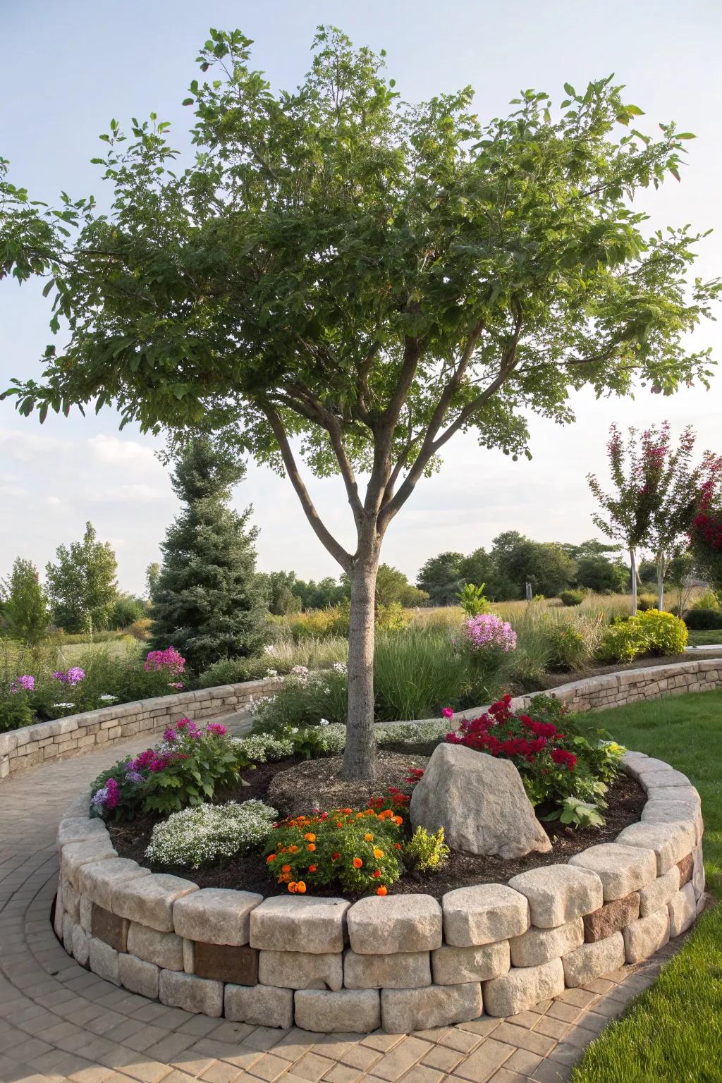 A tree encircled by an ornamental border of natural stones.