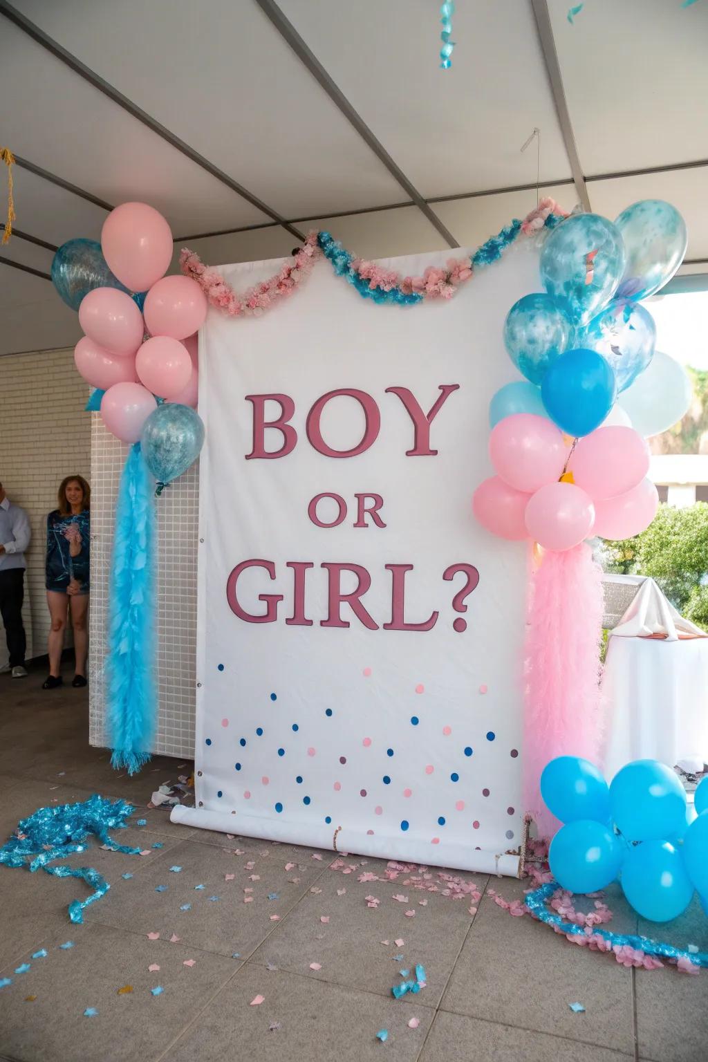 A themed backdrop featuring playful 'Is it a He or She?' decorations.