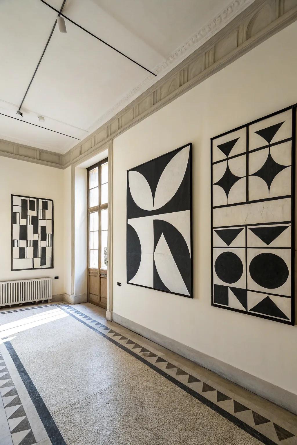Black and white geometric art brings sophistication and charm.