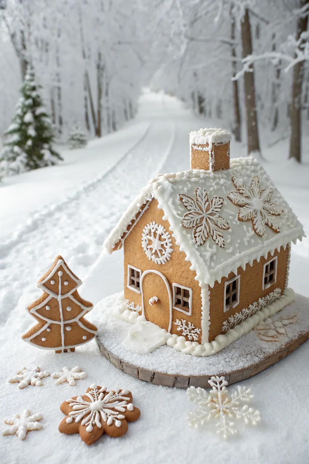An iced gingerbread house depicting a wintery, snow-kissed panorama.