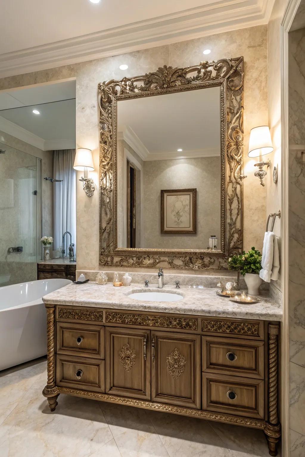 A sumptuous bathroom featuring a grand ornate mirror positioned above a marble countertop.