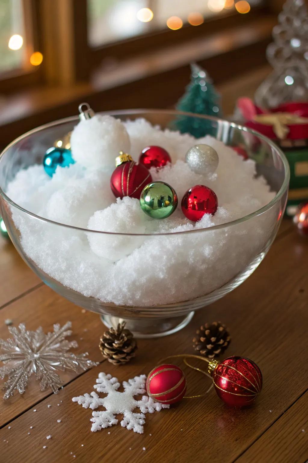 A crystalline bowl featuring a stratum of imitation snow for a wintry visage.