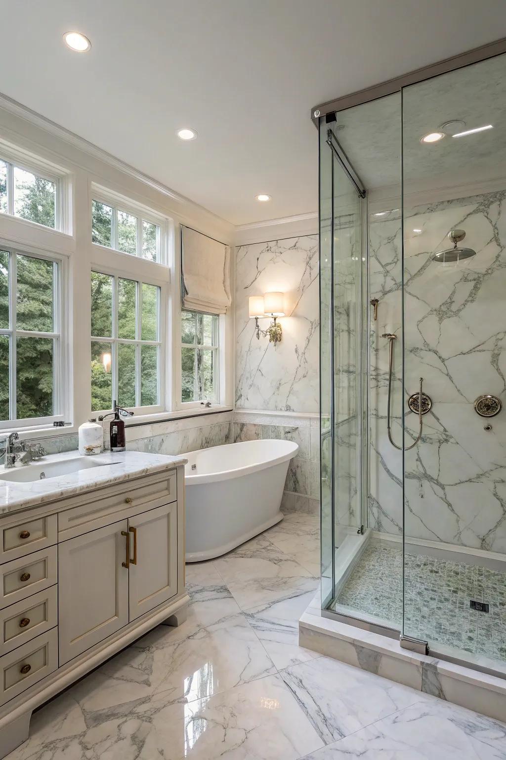 The fusion of marble and glass evokes a sense of luxury.