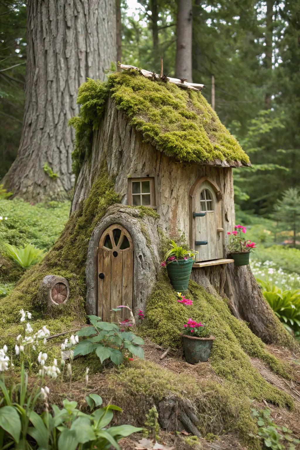 A rustic gnome abode crafted from a tree stump.