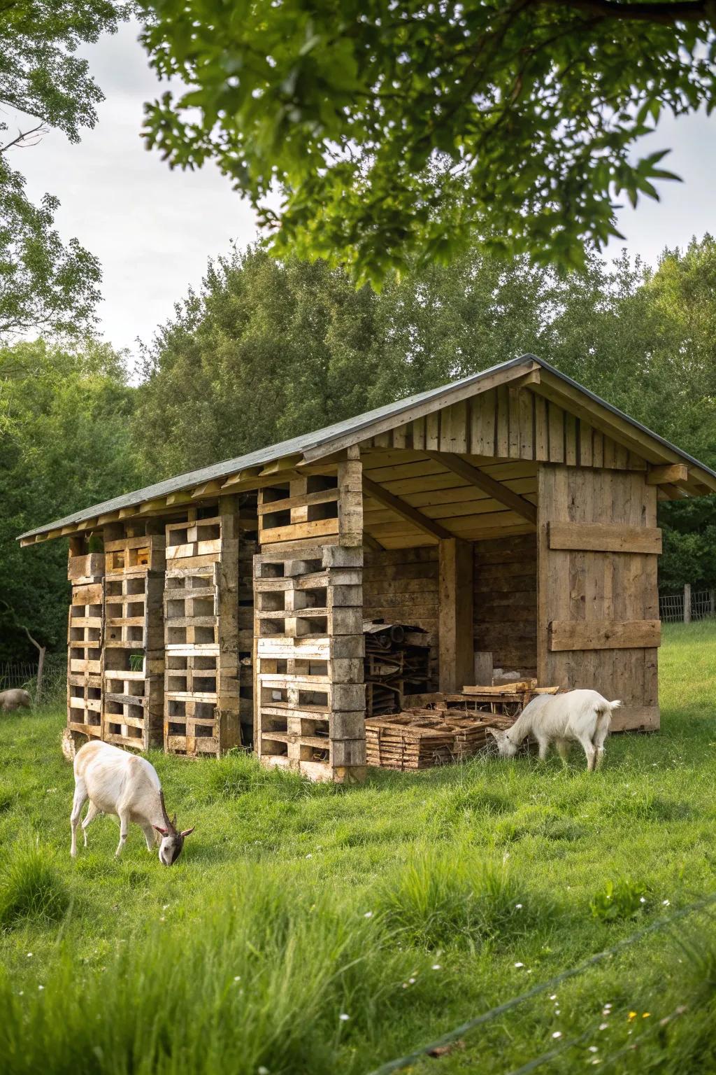 An eco-friendly goat barn crafted from recycled pallets.