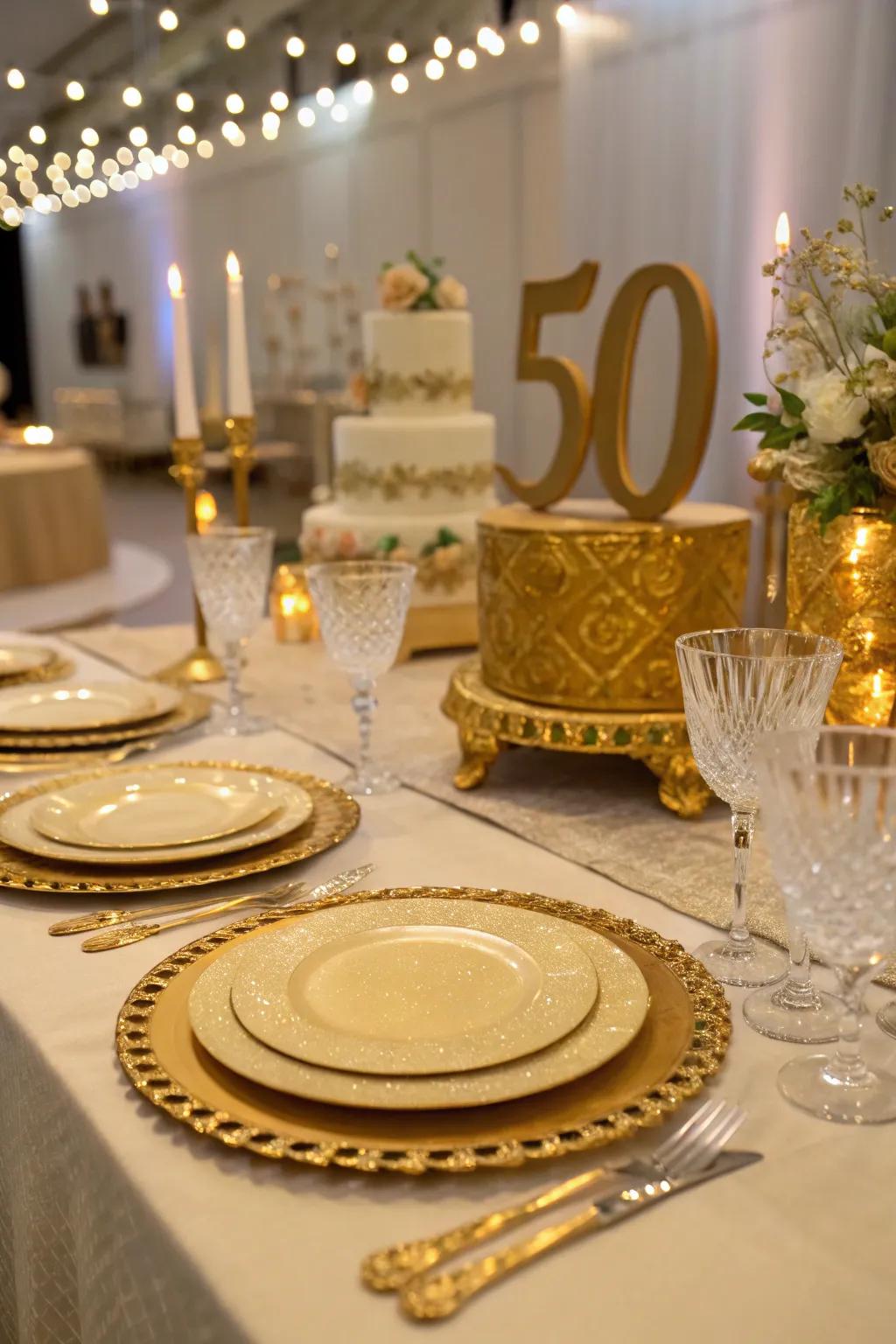 Luxurious gold-themed table settings infuse elegance into any festive occasion.