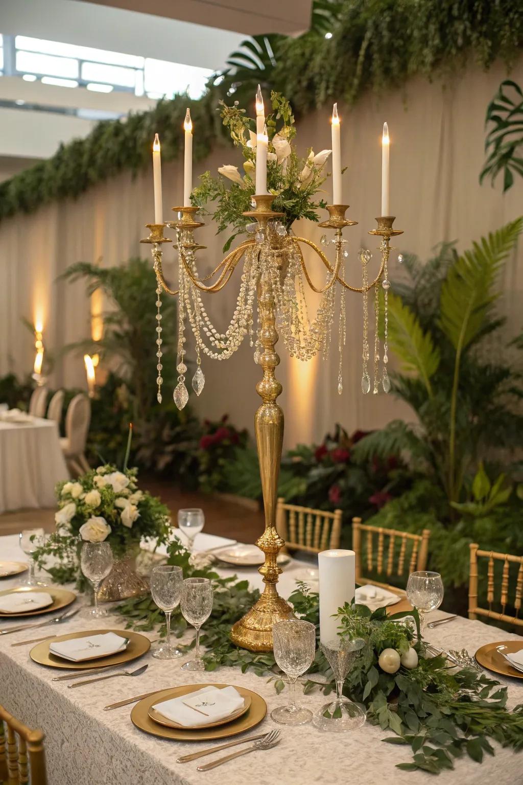A captivating gilded candelabra detailed with crystal nuances for a touch of theatrical elegance.