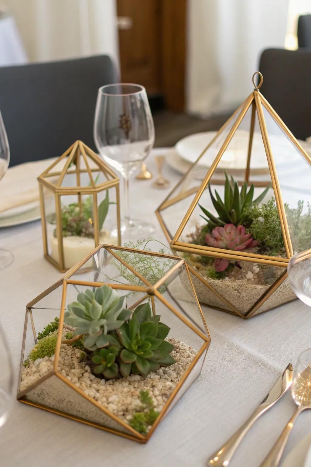 Stylish gilded terrariums presenting a modern update to conventional centerpieces.