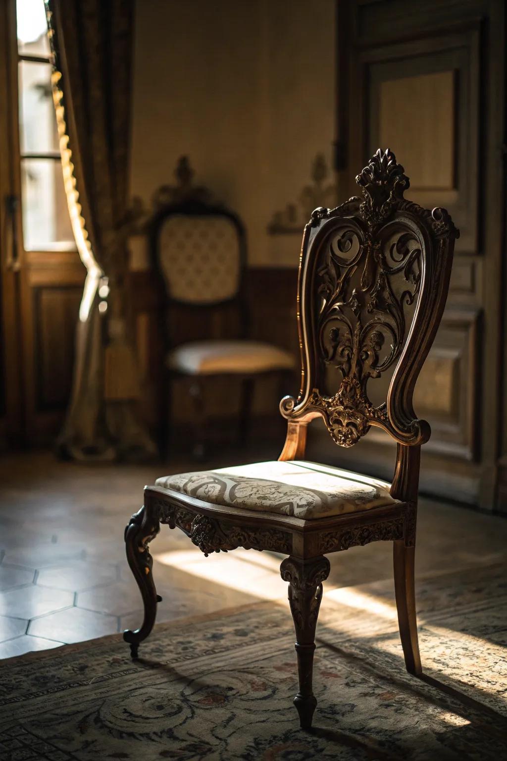 Antiquated furniture imparts an aspect of history and gracefulness.