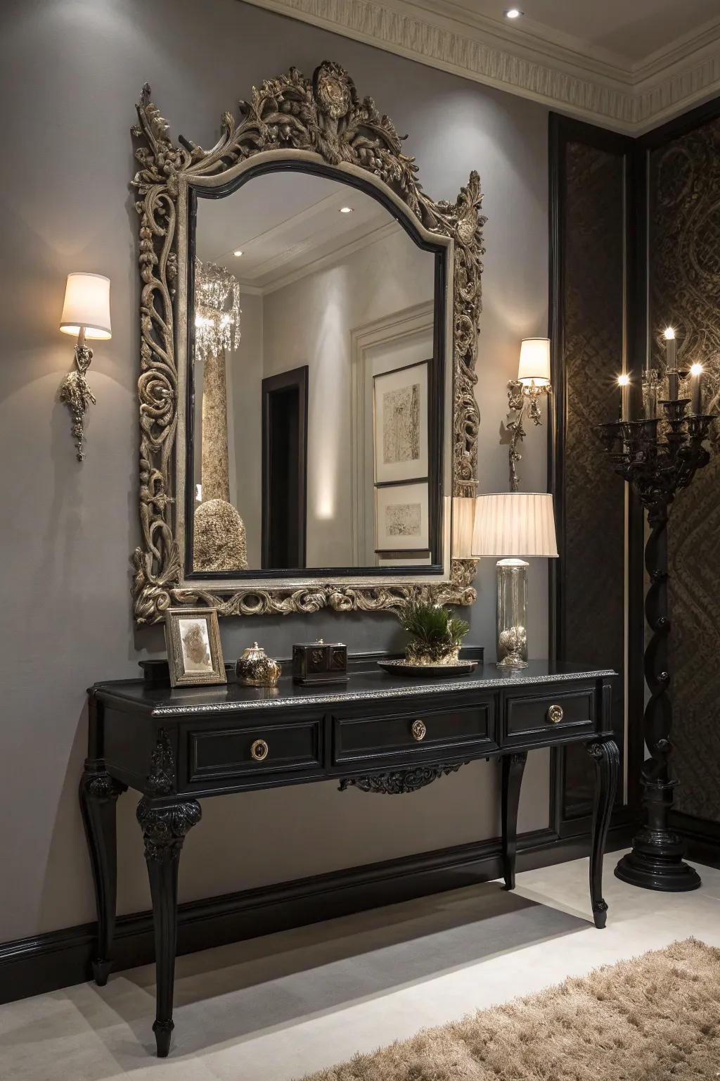 An ornate mirror border infuses sophistication and dimension into your dressing table arrangement.