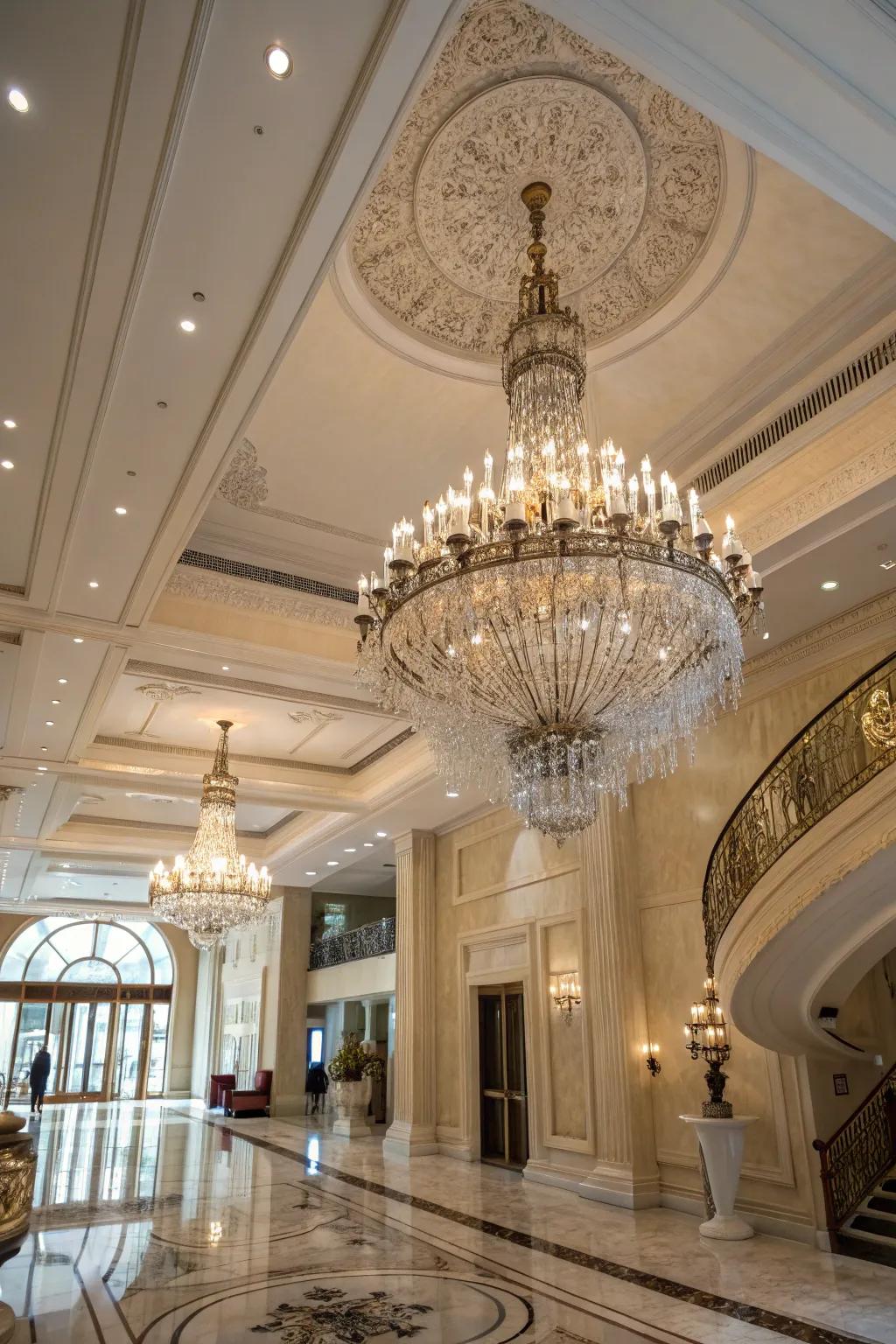 An ornate chandelier bathes a grand foyer in light, introducing a layer of sophistication and comfort.