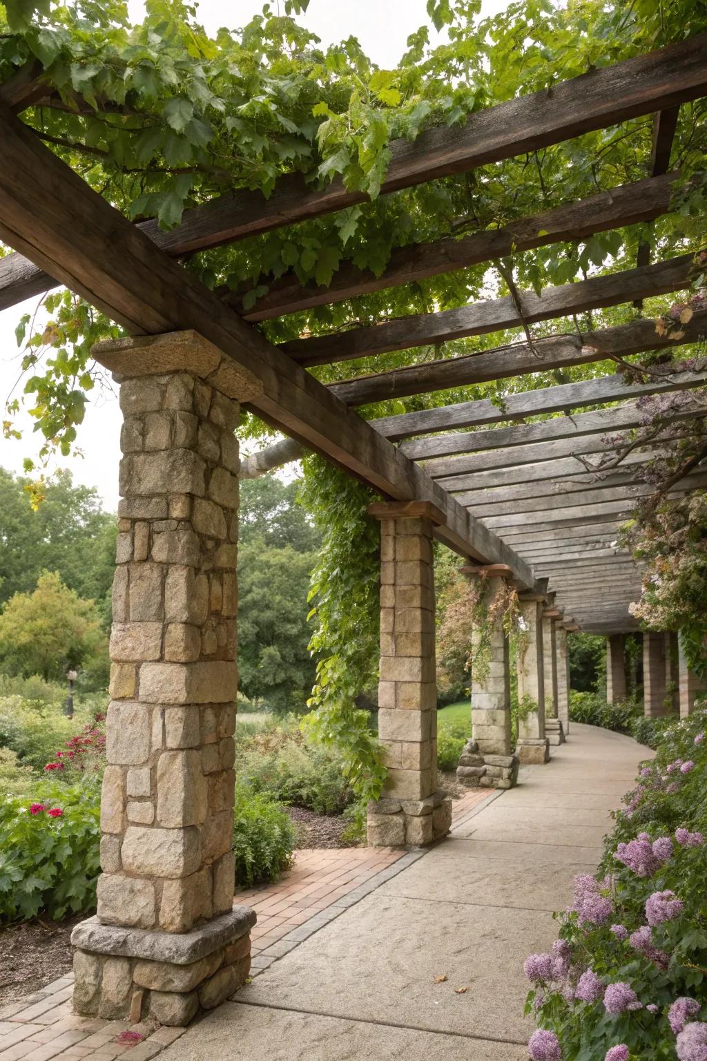 A country vineyard gateway blends rock and wood for a timeless style.