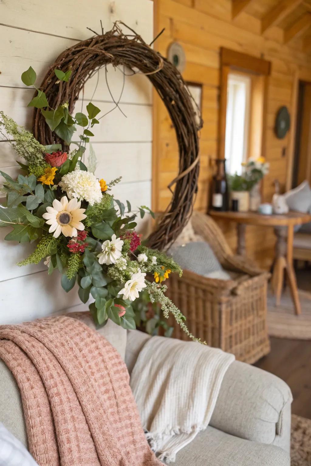 A seasonal change of a frame into a grapevine decoration.