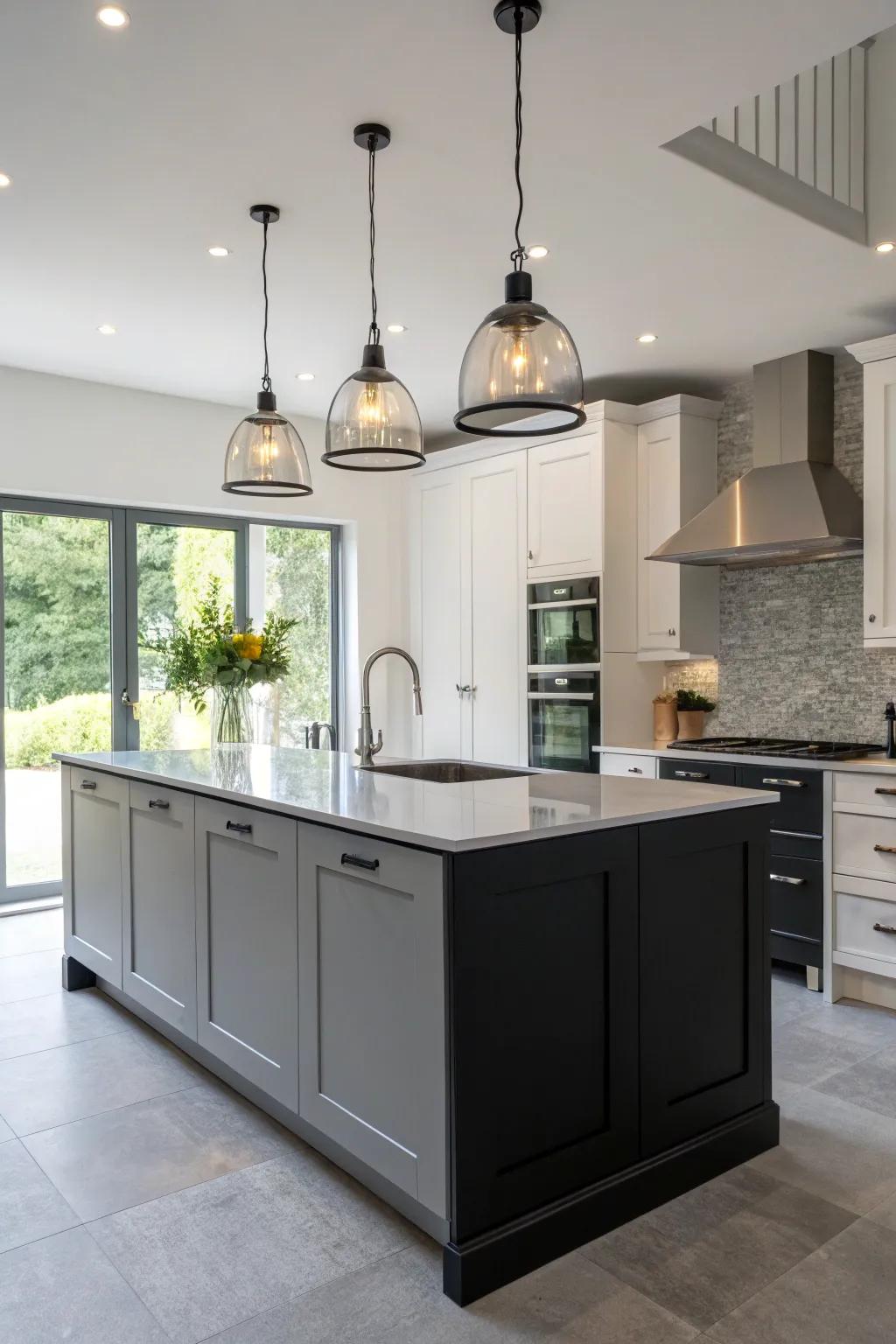 Pendant lighting upgrades the kitchen’s atmosphere.