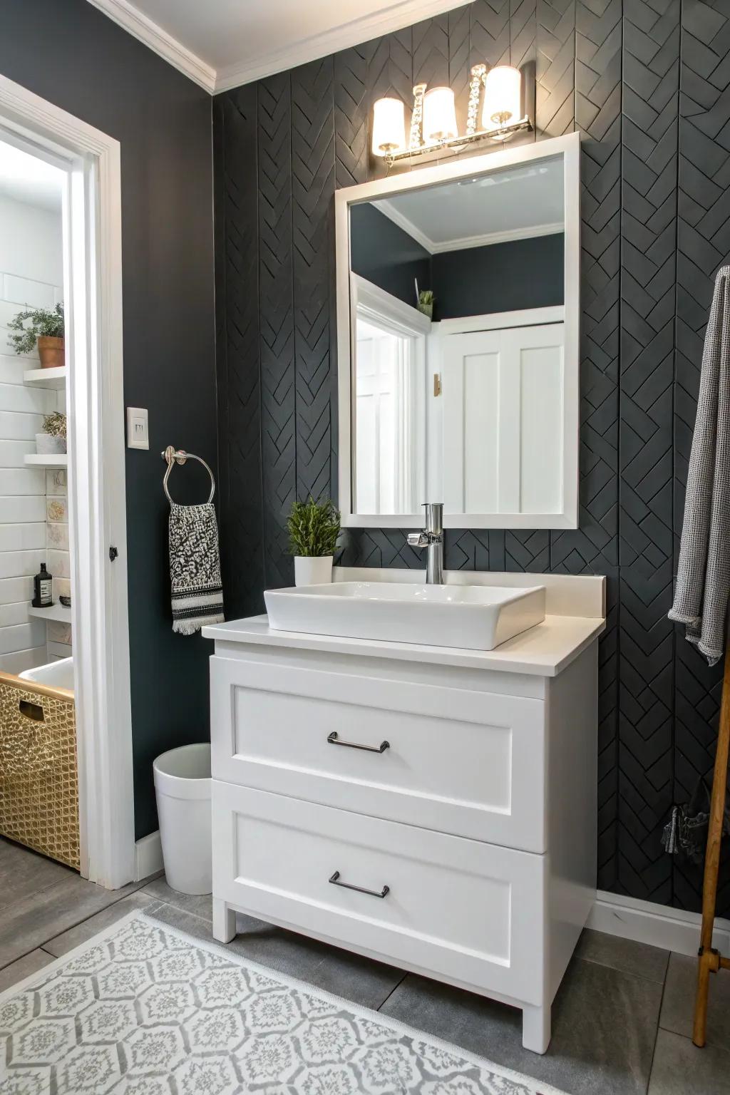 A dark gray accent wall adds dimension to this radiant bathroom.