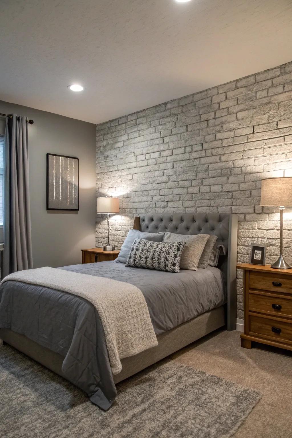 An accent wall, enriched with texture, enhances both the inviting appeal and distinctiveness of a gray-focused bedroom interior.