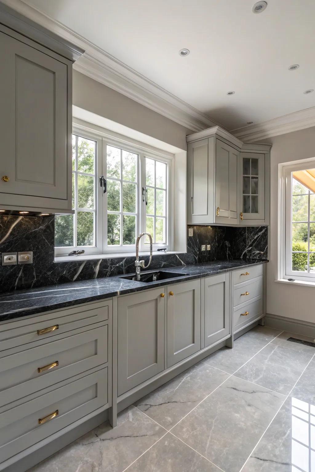 Gray cabinets are beautifully contrasted against luxurious EbonyStone countertops.