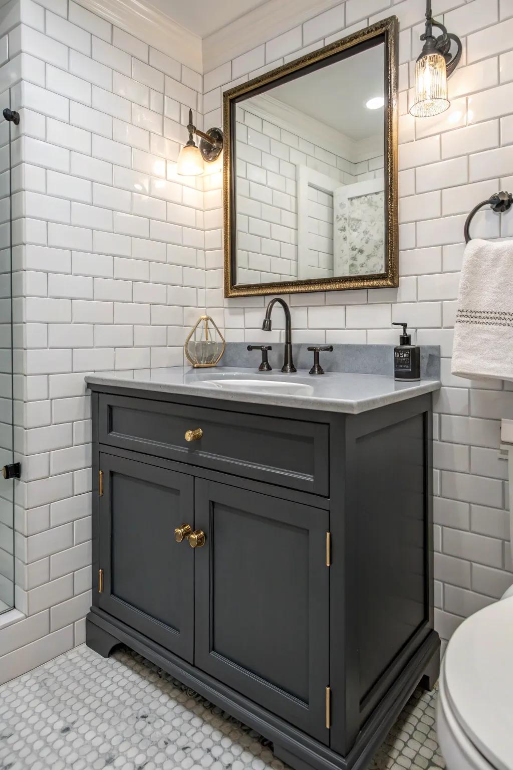 A dark gray vanity delivering a remarkable contrast with white tiles.