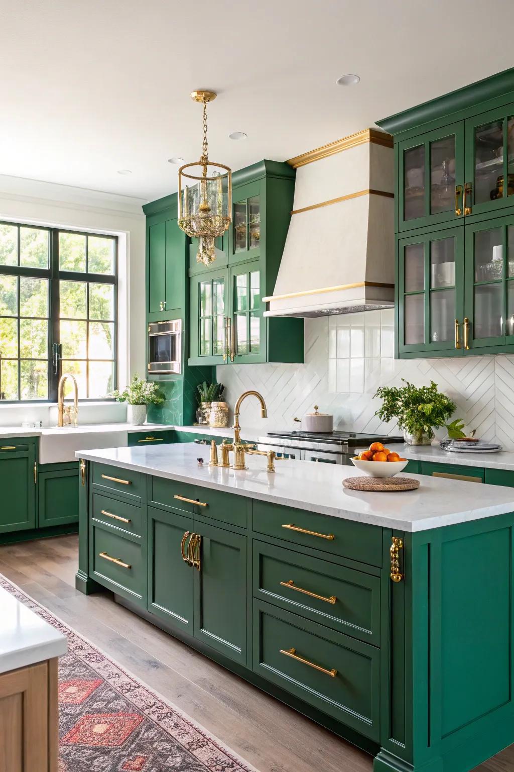 Verdant cabinetry produces a vibrant and lavish cooking area centerpiece.